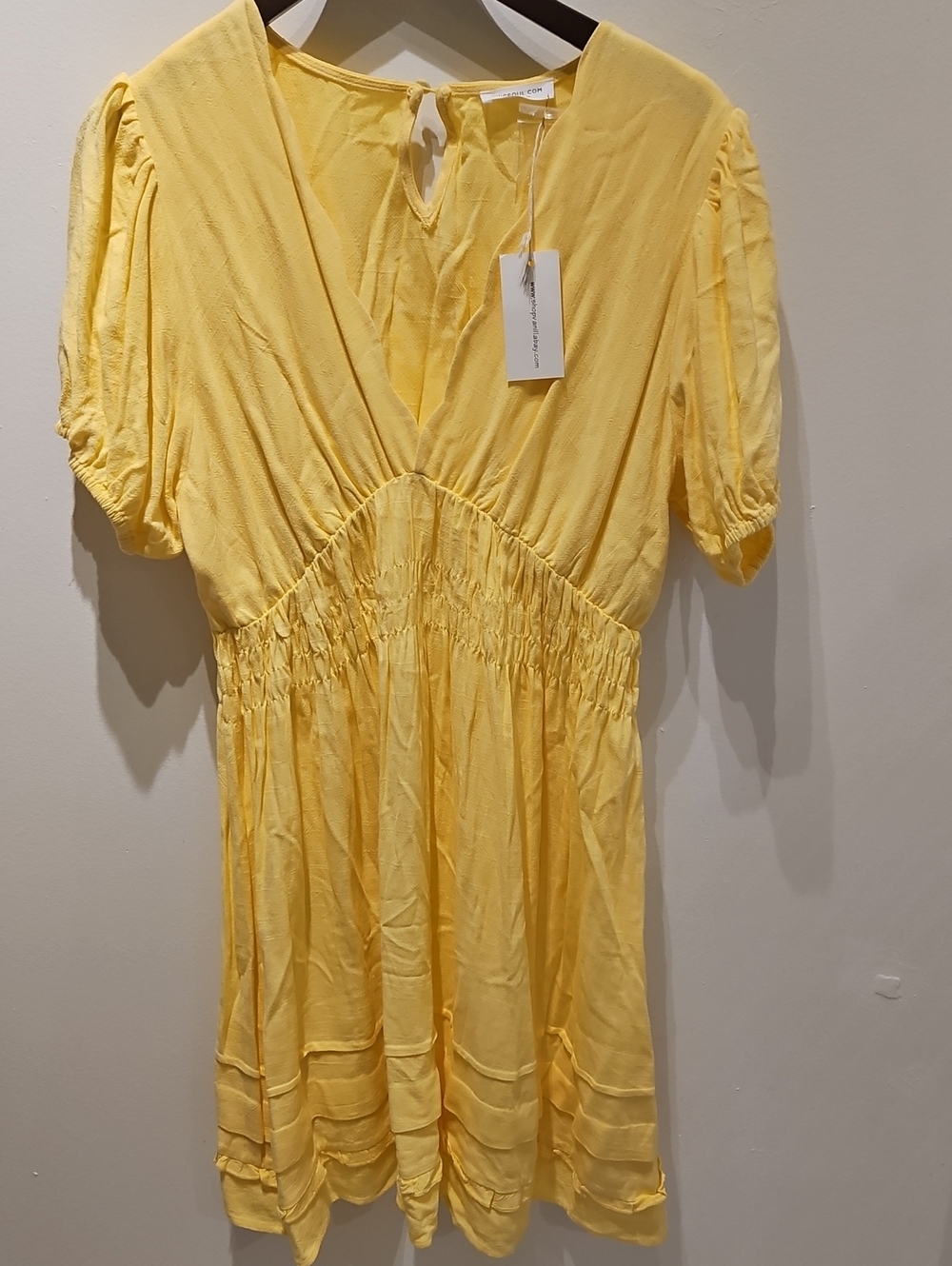 Chic Soul Yellow Smocked Waist V-Neck Dress -